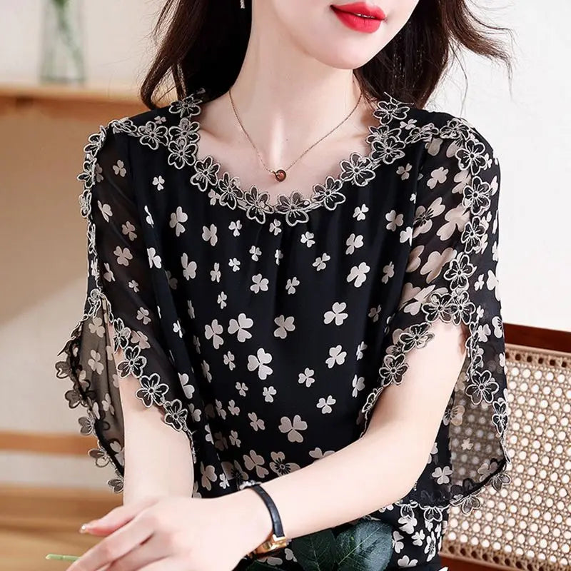 Women Summer Elegant Loose Temperament Printing Hollow Out O-neck Short Sleeve Chiffon Shirt Ladies Casual All-match Trend Tops