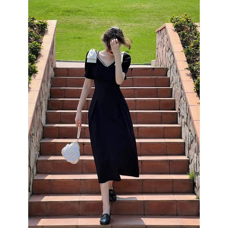 Elegant Black Women Dress Vintage Casual Office Ladies New Korean Fashion Short Sleeve Pearl V-Necked Summer Dresses