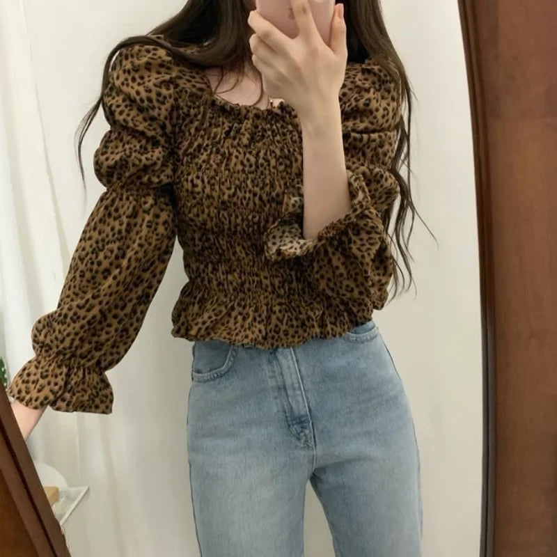 Vintage Puff Long Sleeve Women Blouse Leopard Print Shirt Fashion Spring Elegant Square Neck Chic Short Tops