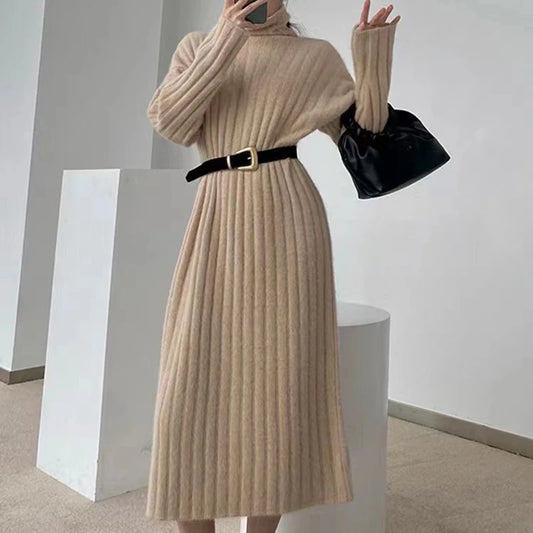 New Long Sleeve Women's Dress Elegant Solid Slim Pleated Knitted Dress Fashion Turtleneck Waist Long Dress