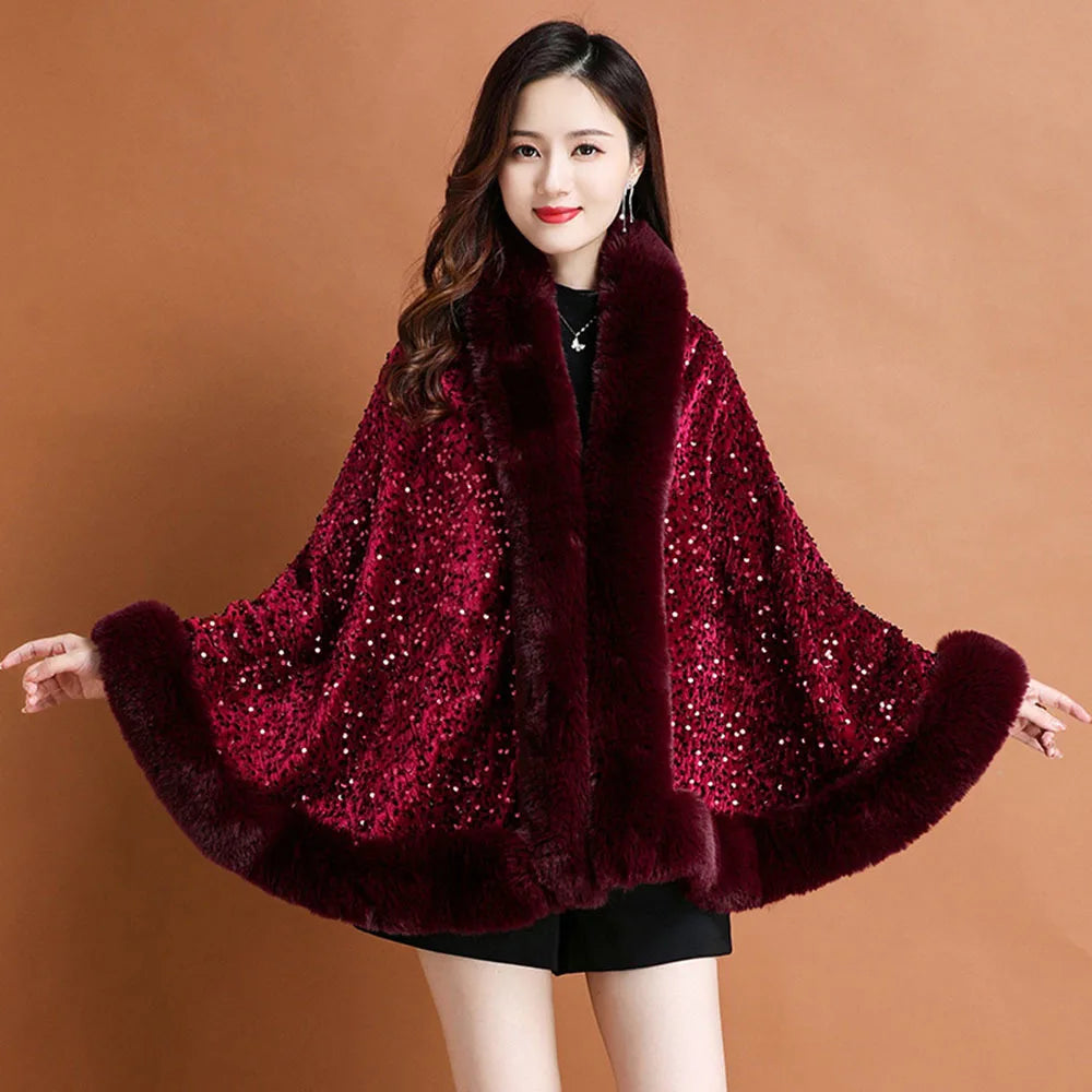 Winter Sequin Knitted Shawl Coat Ladies Fashion Fur Collar Thicken Warm Poncho Cape Women Cardigan Female Sleeveless Cloak Tops