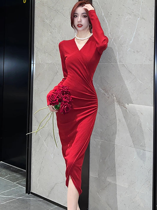 Red Knitted Pleated Bodycon Prom Clothing Autumn Winter Elegant Luxury Party Evening Dress Women Korean Chic Festival Dress