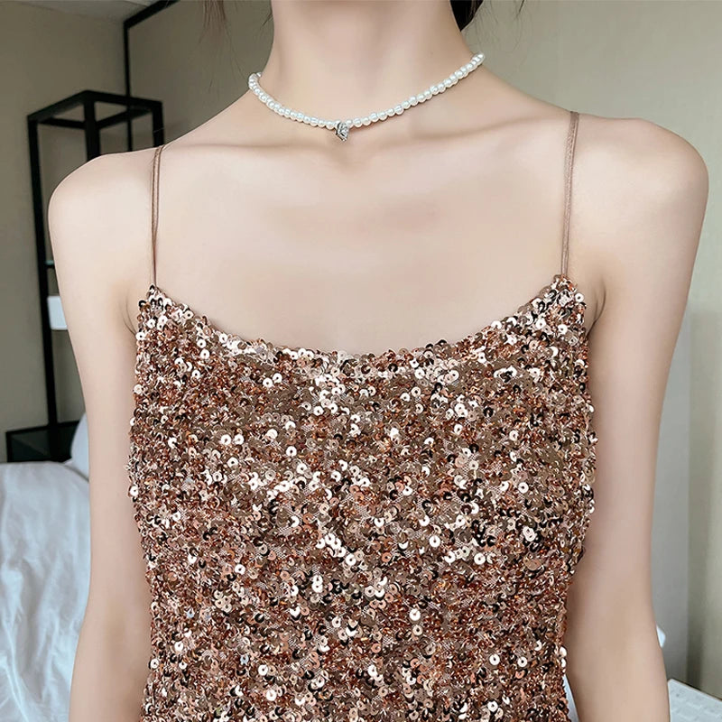 Light Luxury Shiny Evening Dress Women Sexy Gold Sequin Spaghetti Strap Prom Dresses Fashion Party Club Clothes