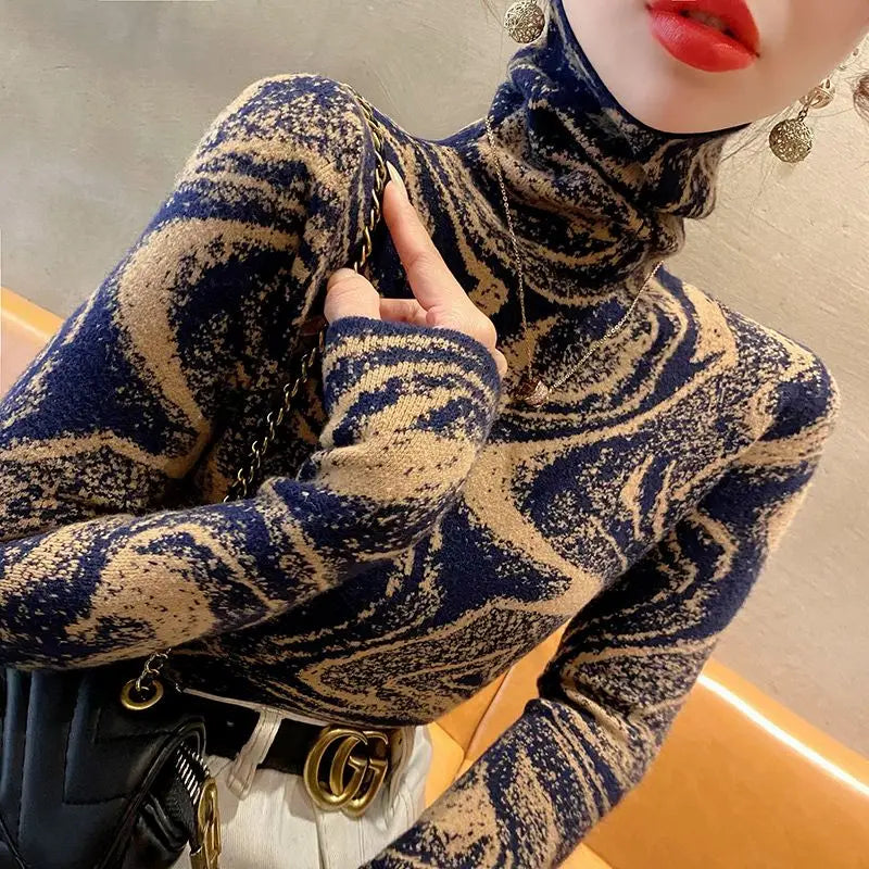 Women Clothing Elegant Fashion Slim Turtleneck Sweaters Autumn Winter Vintage All-match Geometric Knit Pullovers Long Sleeve Top