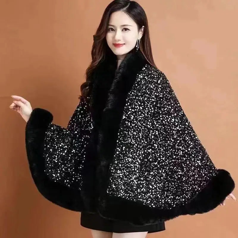 Fashion Shiny Paillette Faux Rex Rabbit Fur Cape Coat Women Winter Thicken Lining Warm Party Dress Cloak Shawl Women Wraps New