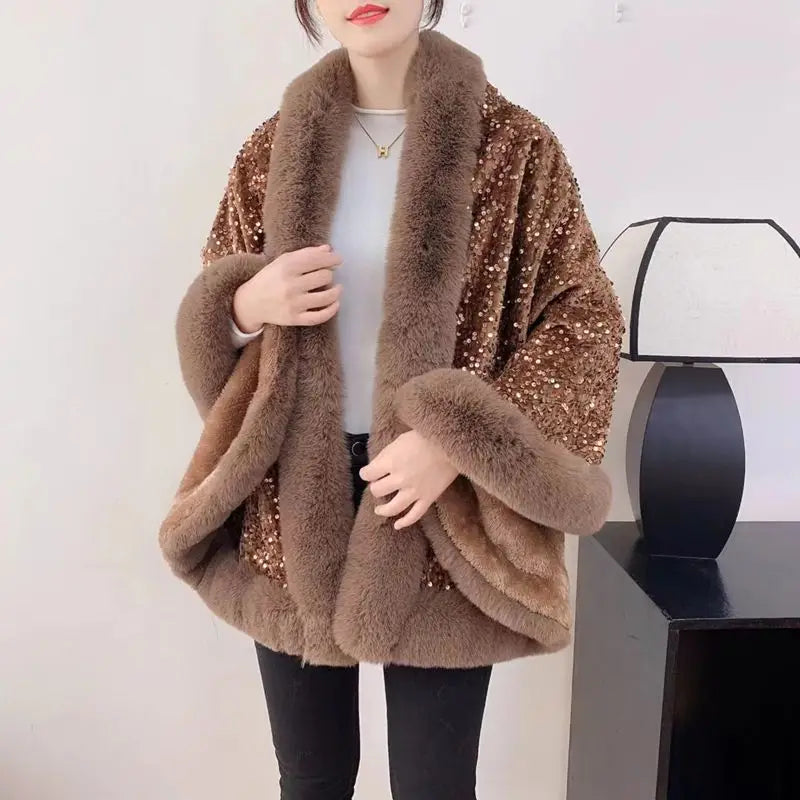 Fashion Shiny Paillette Faux Rex Rabbit Fur Cape Coat Women Winter Thicken Lining Warm Party Dress Cloak Shawl Women Wraps New