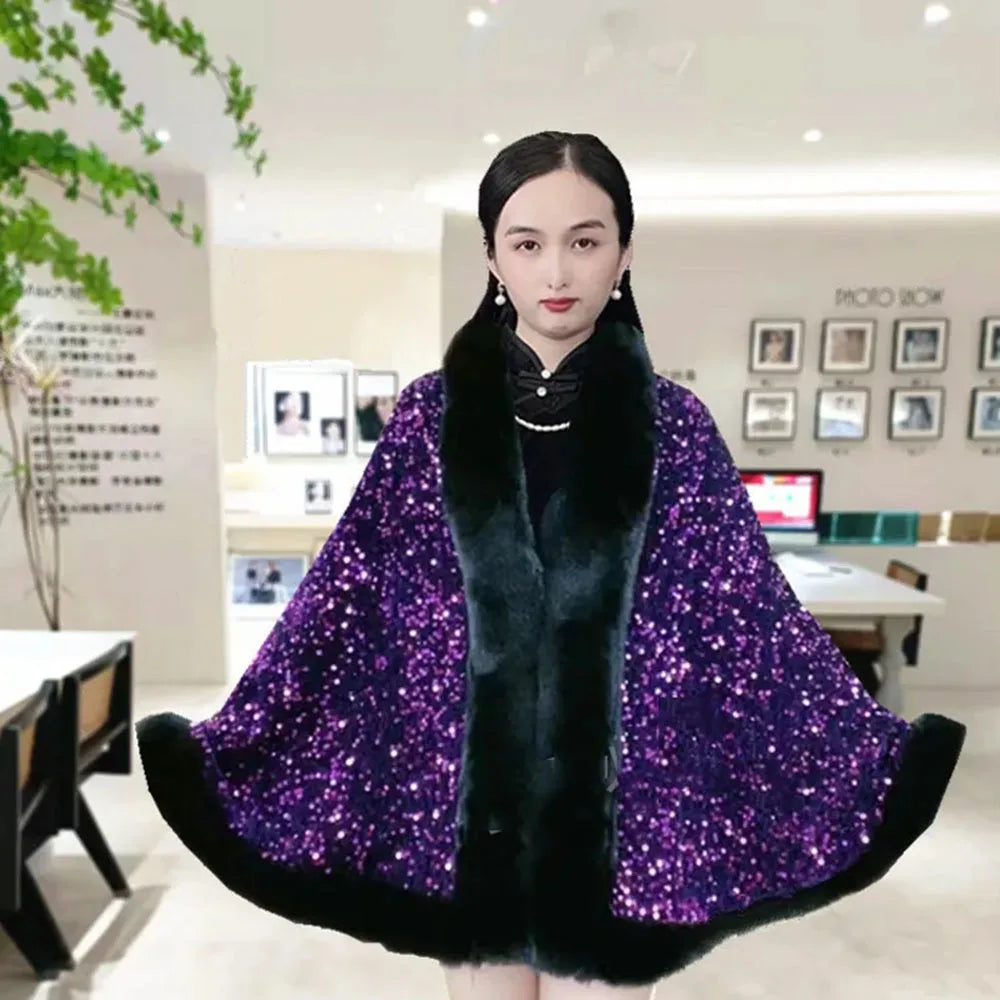 Winter Sequin Knitted Shawl Coat Ladies Fashion Fur Collar Thicken Warm Poncho Cape Women Cardigan Female Sleeveless Cloak Tops