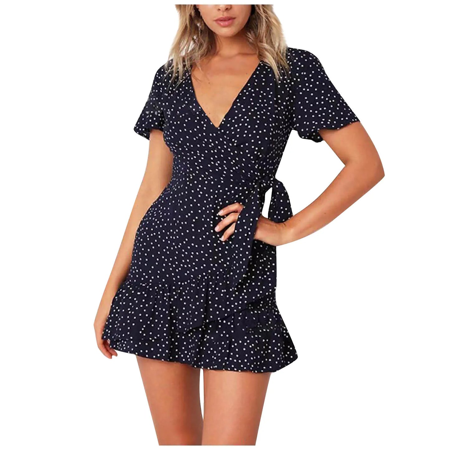 Chiffon Ruffle Short Sleeve Printed Bandage Casual V-Neck High-quality and comfortable Dress