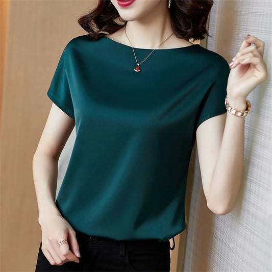 Office Lady Tops Summer Short Sleeve O-Neck Blouses Satin Blouse Women Shirts Simple Solid Casual Loose Shirt Blusas