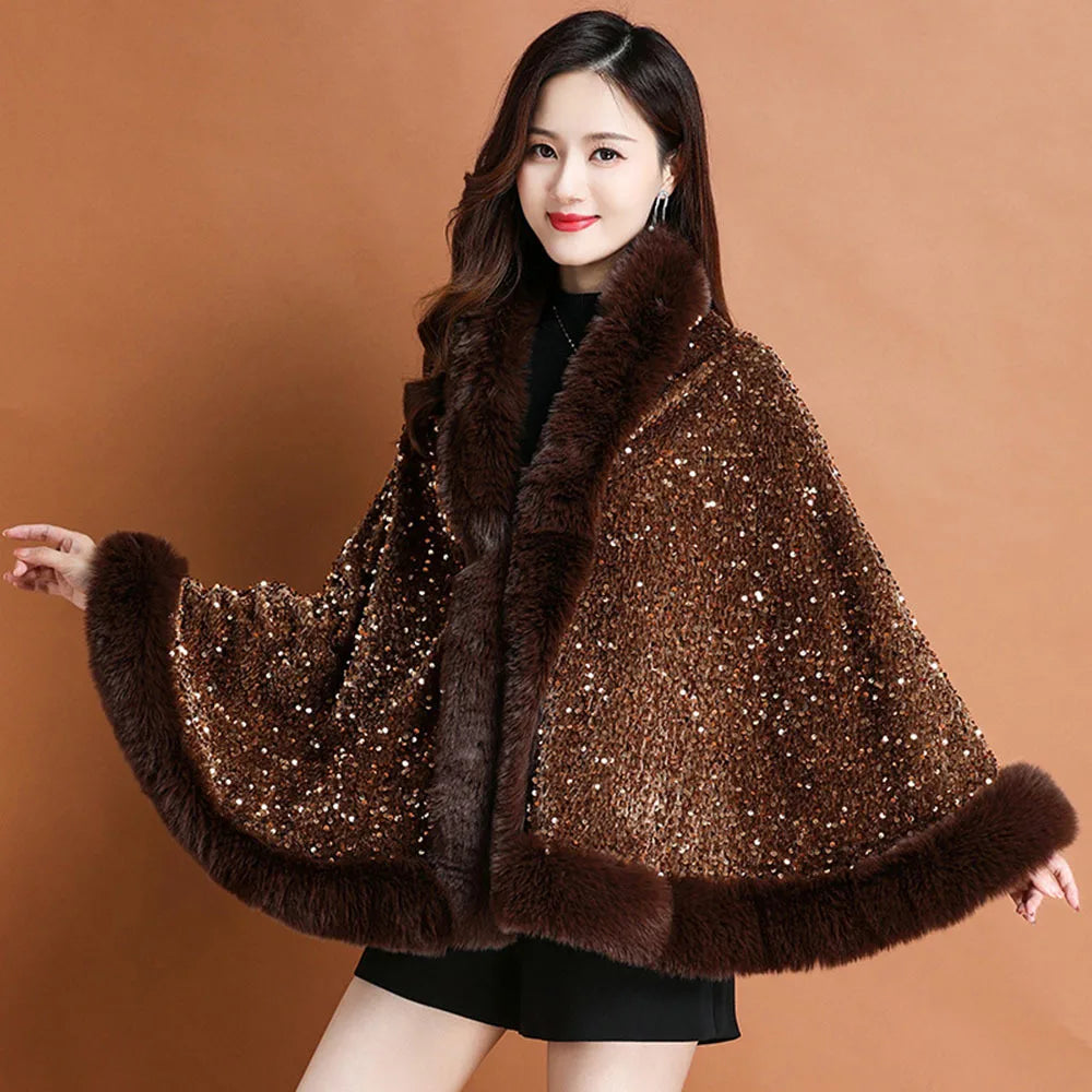 Winter Sequin Knitted Shawl Coat Ladies Fashion Fur Collar Thicken Warm Poncho Cape Women Cardigan Female Sleeveless Cloak Tops