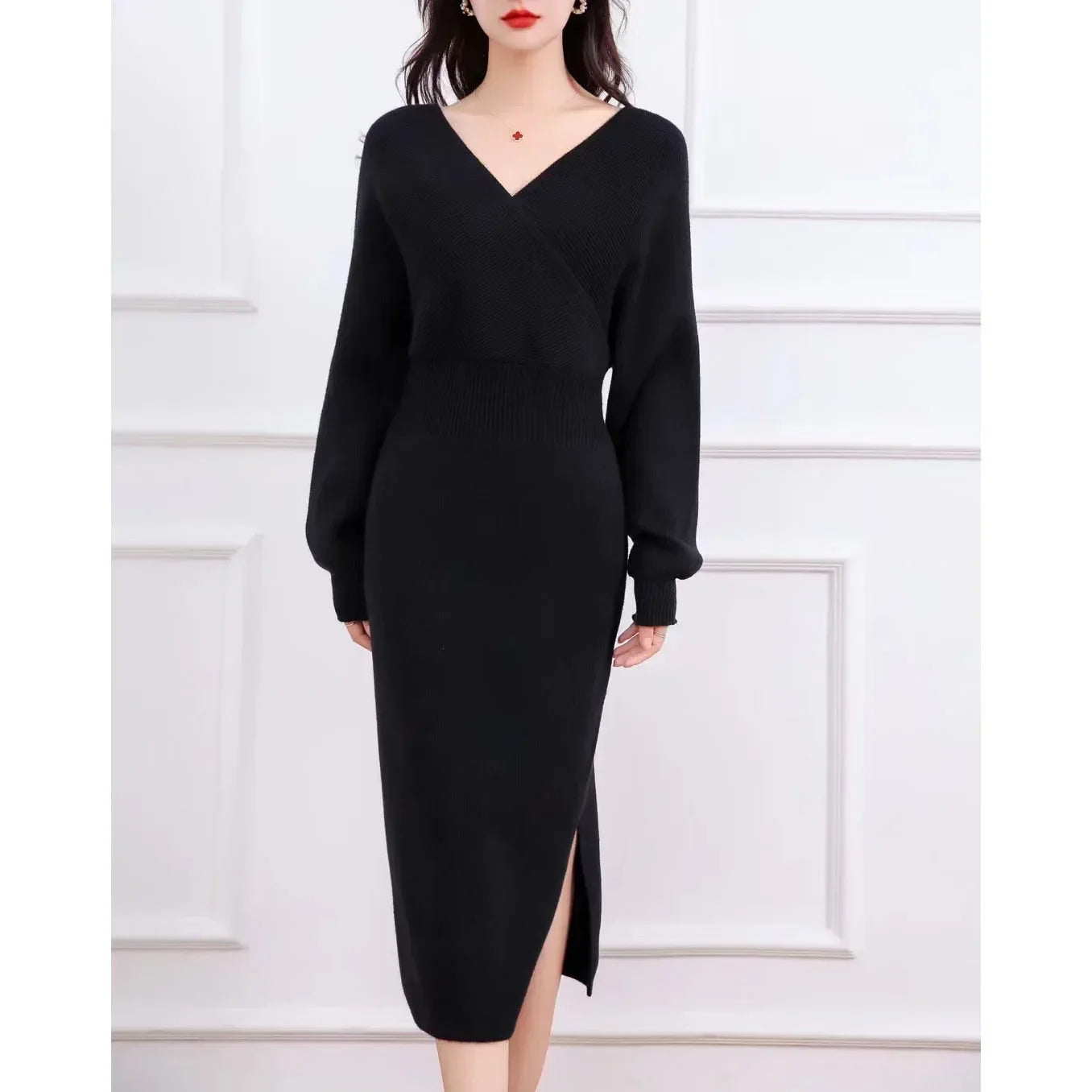 Fashionable Women's V-neck Slanted Collar Woolen Dress Autumn and Winter New Item, Hip Hugging Slim Fit and Slimming Knit Dress