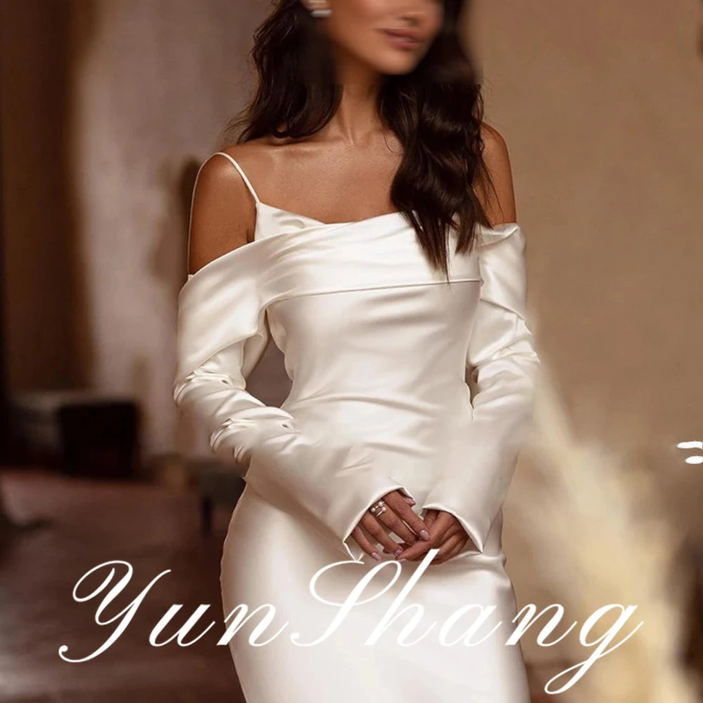 Yunshang Customized White Mermaid Wedding Dresses Formal Long Sleeve Evening Dress Boho Beach Off The Shoulder To Measures