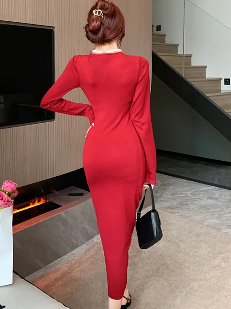 Red Knitted Pleated Bodycon Prom Clothing Autumn Winter Elegant Luxury Party Evening Dress Women Korean Chic Festival Dress