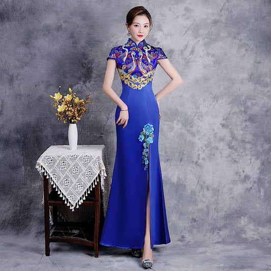 Elegant Miss Etiquette Dress Long Fork Cheongsam Chinese Classic Women Qipao Short Sleeve Sexy Evening Party Fish Tail Dress