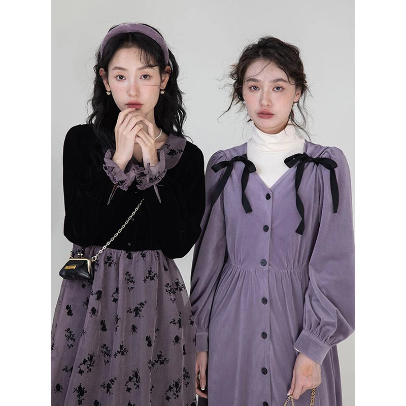 Elegant Women Dress Black Vintage Velvet Long Sleeve Gothic French Style Office Ladies Y2K Casual Evening Party Dresses