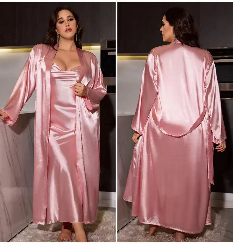 Sexy Wedding Long Robe Dress Plus Size Kimono Bathrobe Gown Sleepwear Casual Homewear Loungewear Pink Satin Nightgown Lingerie