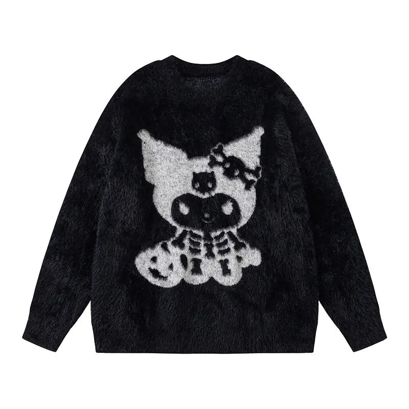 Men and Women's Halloween Skeleton Kuromi Knitted Fleece Pullovers, Y2k Goth Jacquard Sweater, Cute Loose Knitwear, Sanrio