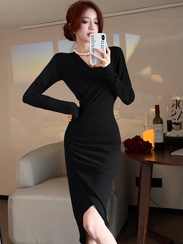 Red Knitted Pleated Bodycon Prom Clothing Autumn Winter Elegant Luxury Party Evening Dress Women Korean Chic Festival Dress