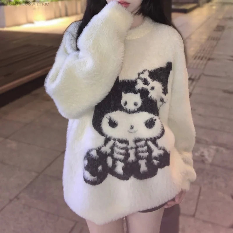 Men and Women's Halloween Skeleton Kuromi Knitted Fleece Pullovers, Y2k Goth Jacquard Sweater, Cute Loose Knitwear, Sanrio