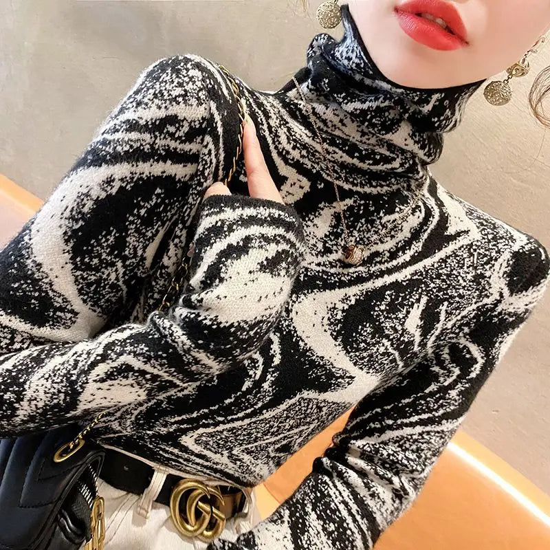 Women Clothing Elegant Fashion Slim Turtleneck Sweaters Autumn Winter Vintage All-match Geometric Knit Pullovers Long Sleeve Top