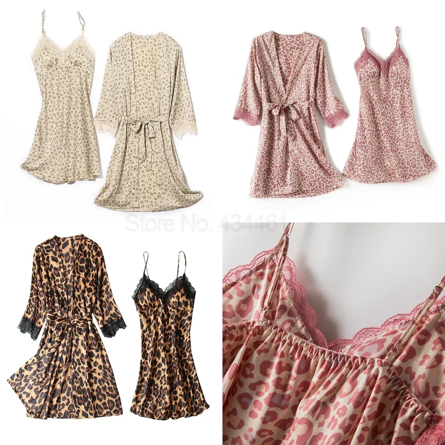 Women Satin Lace Kimono Bath Gown With Chemise Nightgown 2PCS Leopard Robe Set Sexy V-Neck Suspender Nightdress&Bathrobe Suit