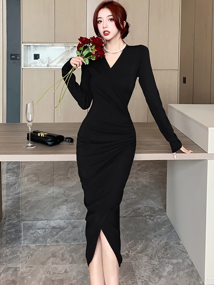 Red Knitted Pleated Bodycon Prom Clothing Autumn Winter Elegant Luxury Party Evening Dress Women Korean Chic Festival Dress