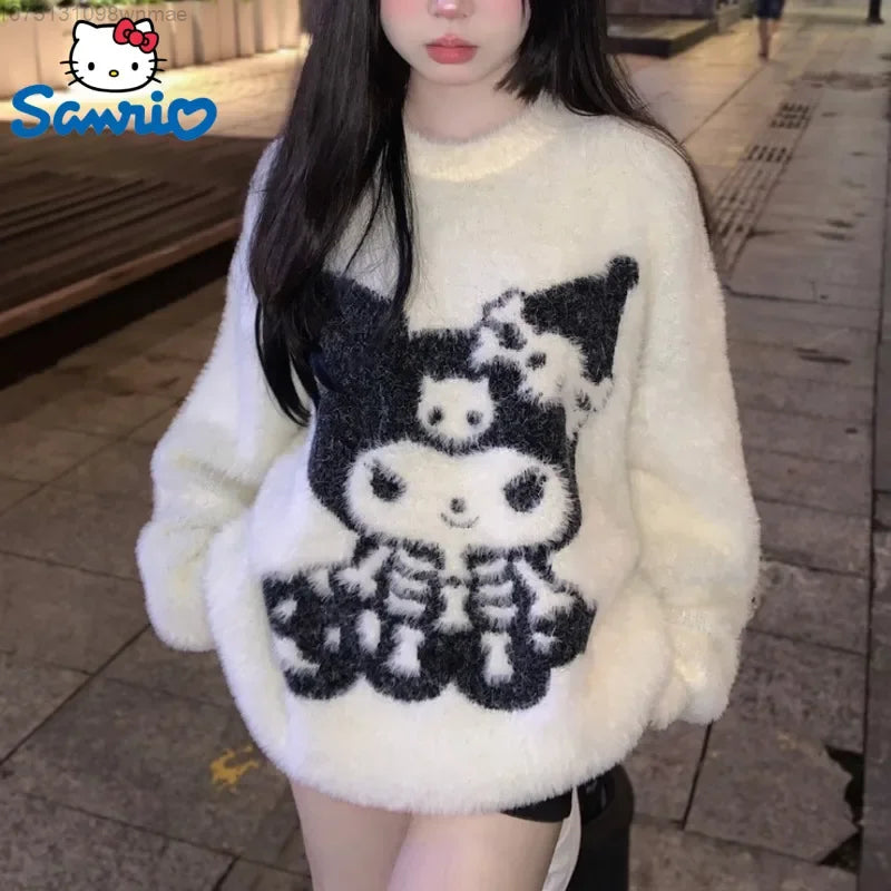 Men and Women's Halloween Skeleton Kuromi Knitted Fleece Pullovers, Y2k Goth Jacquard Sweater, Cute Loose Knitwear, Sanrio