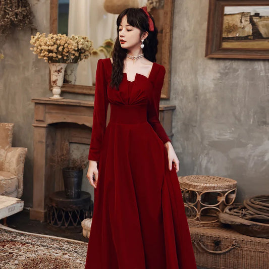 2024 Elegant Long sleeved Office Dress Wine Red Autumn Square Collar A-line Long Skirt Formal Party Wedding Bridesmaid Ball Dres