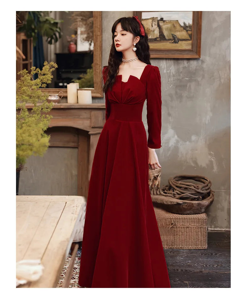 2024 Elegant Long sleeved Office Dress Wine Red Autumn Square Collar A-line Long Skirt Formal Party Wedding Bridesmaid Ball Dres