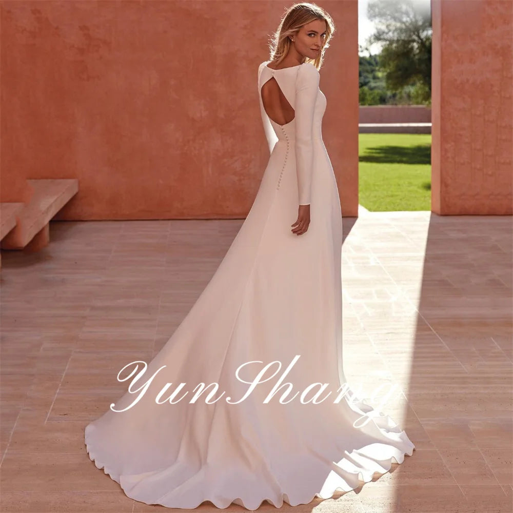 Yunshang Customized Elegant Mermaid Wedding Dress Women Square Collar Open Back Long Sleeve Simple Bridal Gown Sweep Train