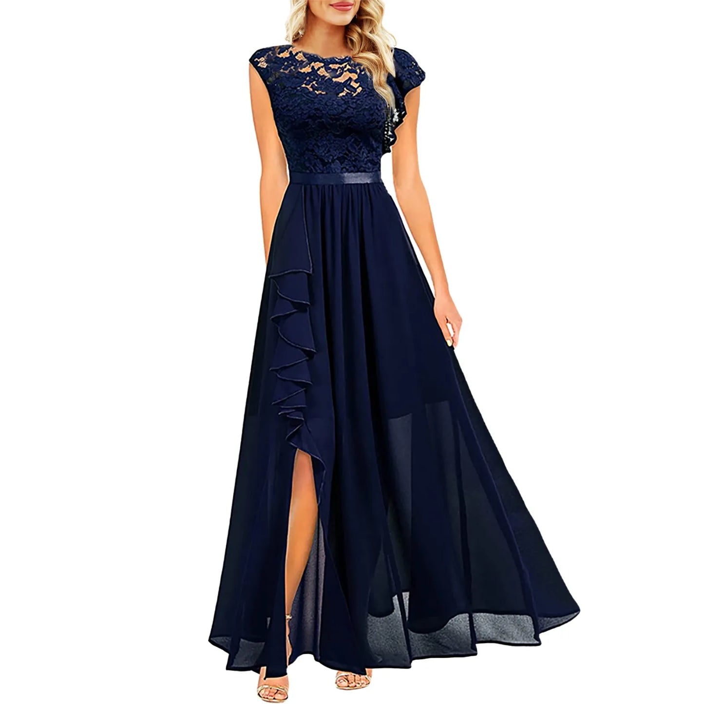 Women's Dress 2024 Ruffle Long Floral Lace Crew Neck Side Slit Maxi Prom Cocktail Dress Wedding Guest Party Dress платье женское