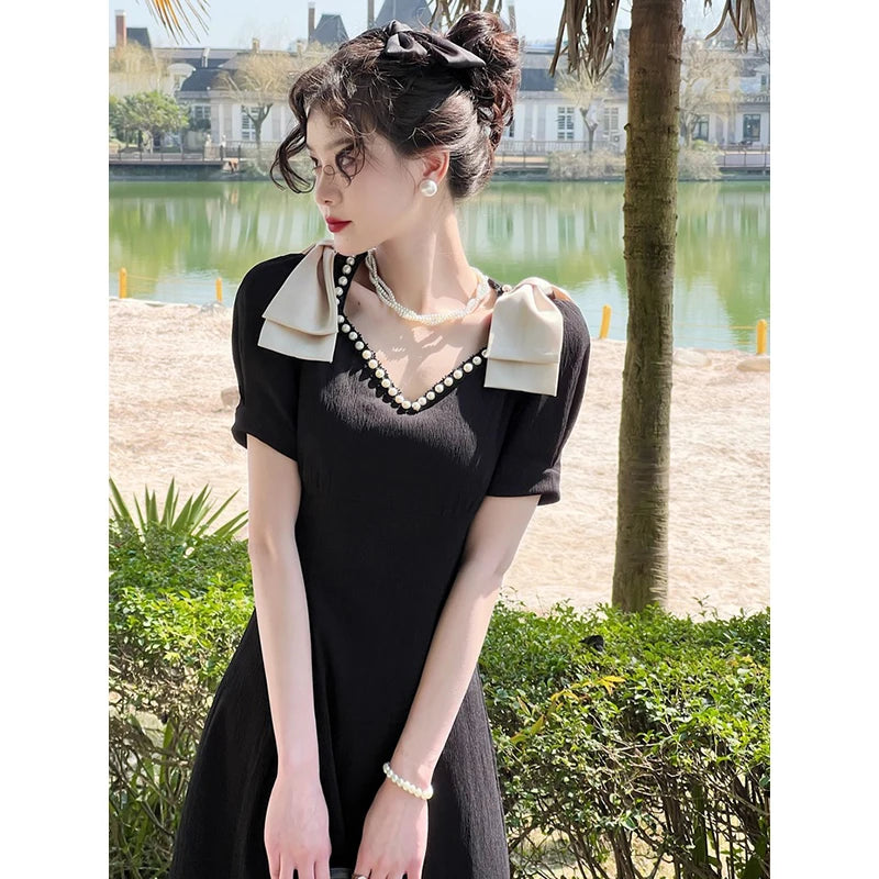 Elegant Black Women Dress Vintage Casual Office Ladies New Korean Fashion Short Sleeve Pearl V-Necked Summer Dresses