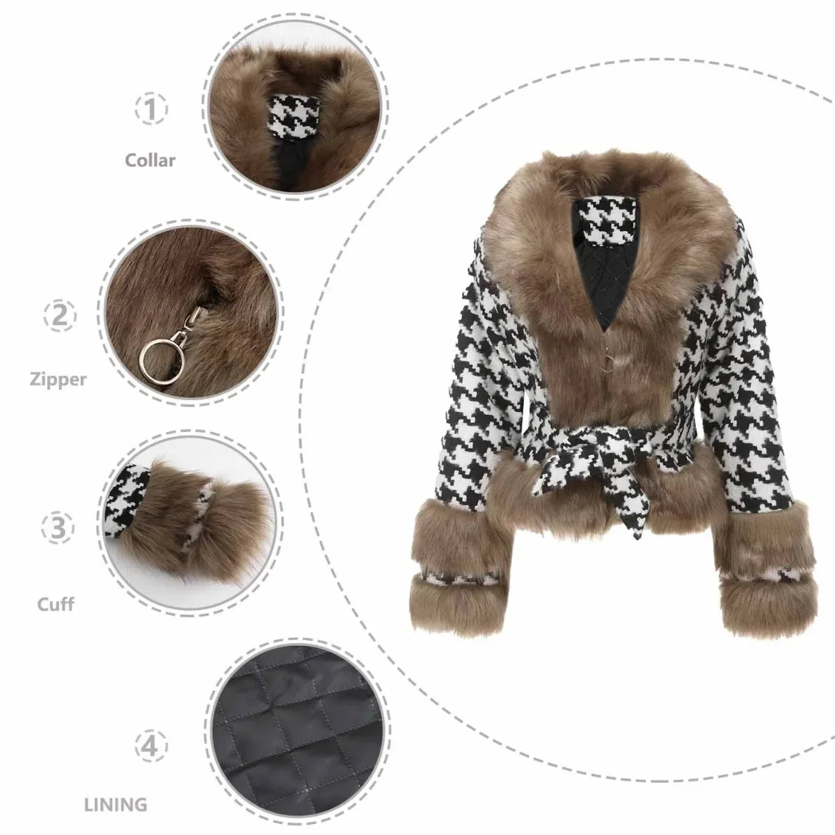 Women's Belted Plaid Tweed Jacket, Short Zipper Coat, Removable Faux Fur Collar, Slim Blouse, Female Overcoat,