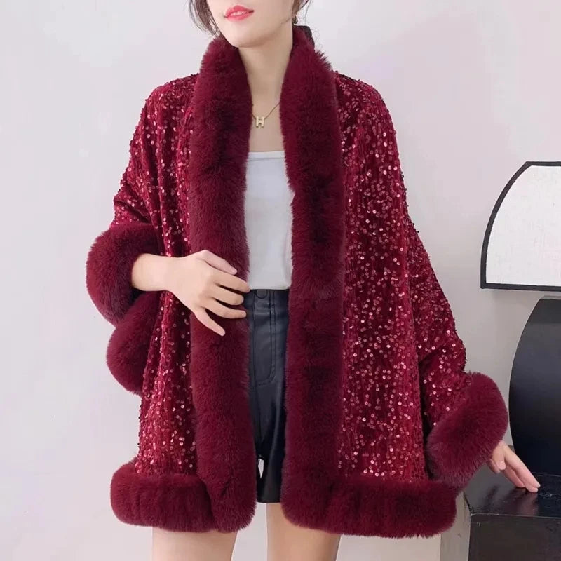 Fashion Shiny Paillette Faux Rex Rabbit Fur Cape Coat Women Winter Thicken Lining Warm Party Dress Cloak Shawl Women Wraps New