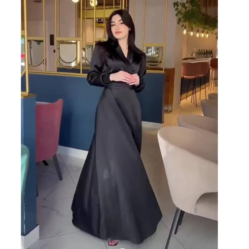 Harvest Waist Temperament High End Exquisite Acetate Satin Long Sleeved Dress Women's Solid O-Neck Button Fashion Dresses