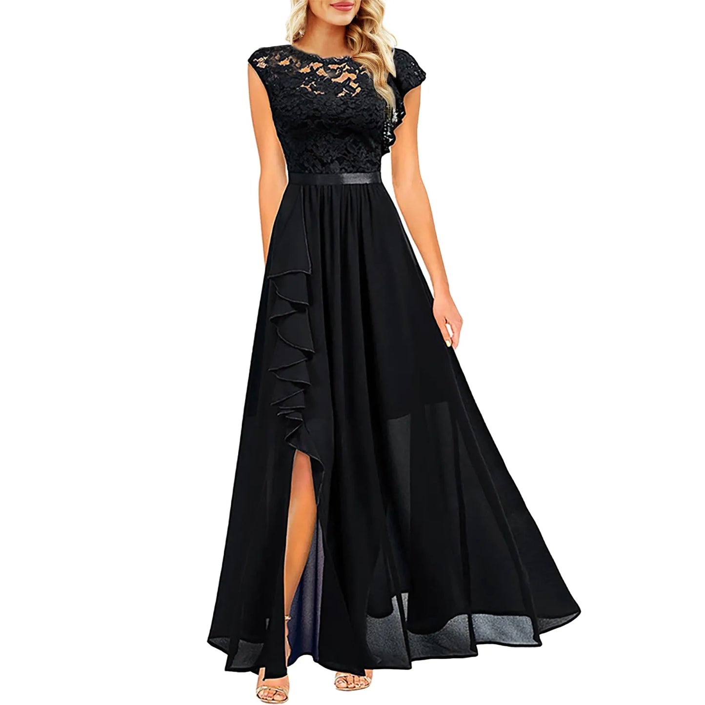 Women's Dress 2024 Ruffle Long Floral Lace Crew Neck Side Slit Maxi Prom Cocktail Dress Wedding Guest Party Dress платье женское