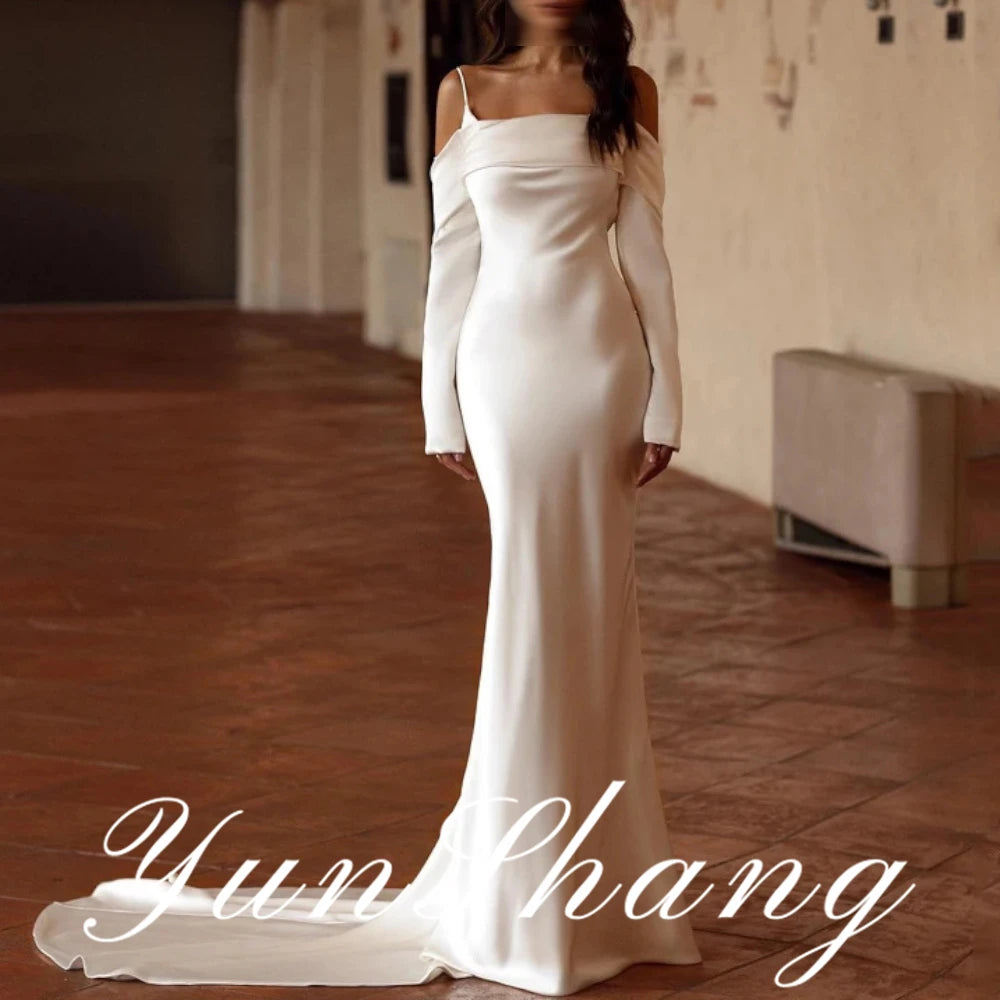 Yunshang Customized White Mermaid Wedding Dresses Formal Long Sleeve Evening Dress Boho Beach Off The Shoulder To Measures