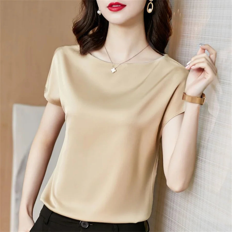 Office Lady Tops Summer Short Sleeve O-Neck Blouses Satin Blouse Women Shirts Simple Solid Casual Loose Shirt Blusas