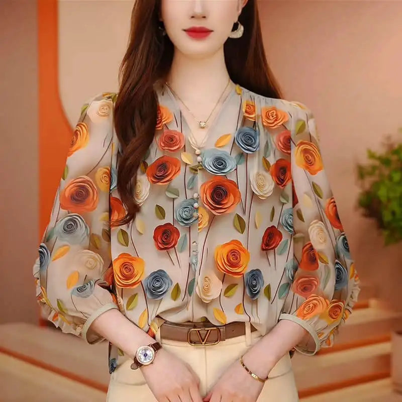 Women Summer Vintage Floral Print Blouses Korean Fashion V Neck 3/4 Sleeve Elegant Shirts Female Casual Ruffled Loose Chic Tops