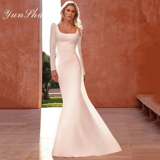 Yunshang Customized Elegant Mermaid Wedding Dress Women Square Collar Open Back Long Sleeve Simple Bridal Gown Sweep Train