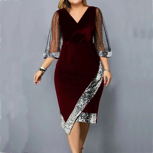 Velvet Dresses for Women 2023 Elegant Sequined Irregular Party Dress Summer V Neck See through Mesh Sleeve Slim Bodycon Vestidos