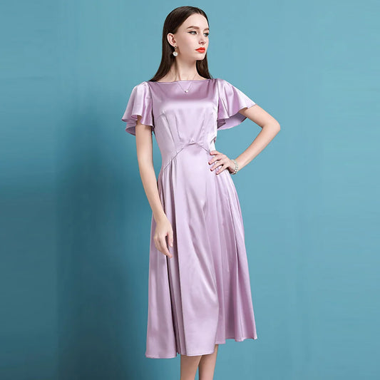 High End Celebrity Heavy Silk Silk Silk Skirt Summer New Ruffle Dress Women'S Purple