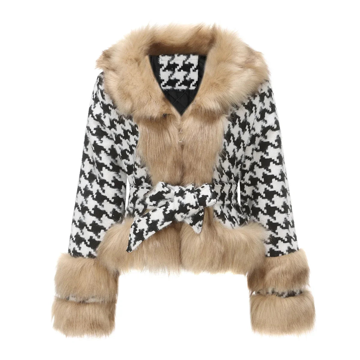 Women's Belted Plaid Tweed Jacket, Short Zipper Coat, Removable Faux Fur Collar, Slim Blouse, Female Overcoat,