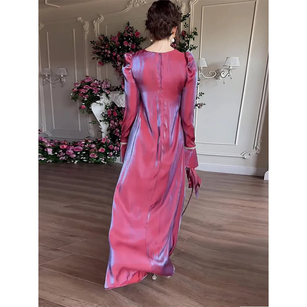 Fashion Satin Long Dress For Women Solid High Waist Long Sleeve Elegant Maxi Dress Female Party Evening Bridesmaid Dresses