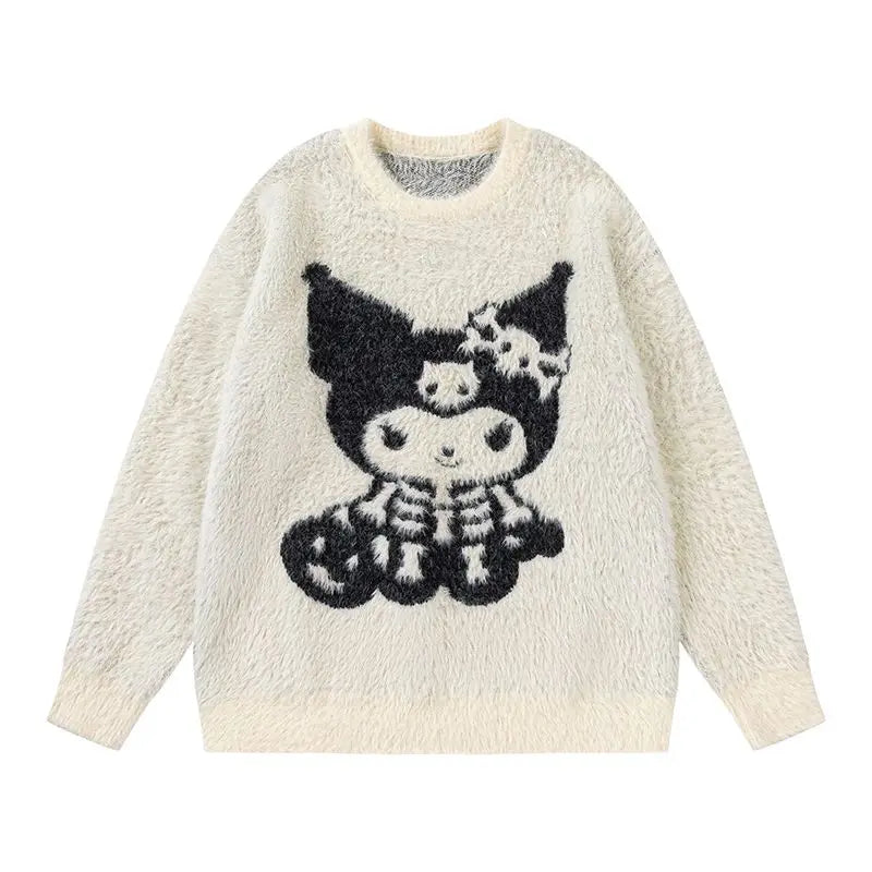 Men and Women's Halloween Skeleton Kuromi Knitted Fleece Pullovers, Y2k Goth Jacquard Sweater, Cute Loose Knitwear, Sanrio