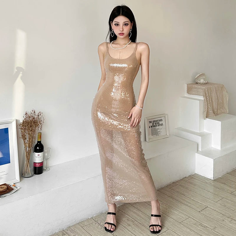 Elegant Lady High-Grade Slip Dress Women's Sexy Slim Fit Backless Sequined Sheath Nightclub Long Dress Banquet Footweight Ball