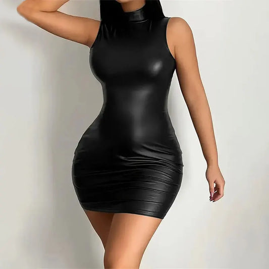 Women Summer Sexy Party Strapless Bodycon Pu Leather Slim Package Hip Black Club Party Mini Short Dress Sundress Female Clothing