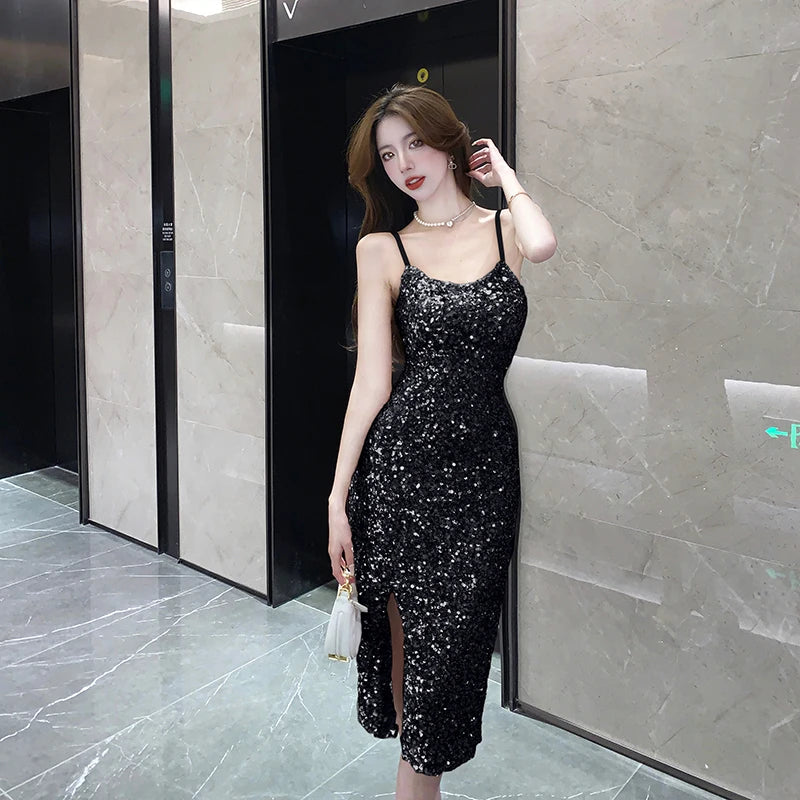 Korean Sequins Midi Dresses for Women Summer Elegant Party Sexy Sleeveless Slim Prom Female Clothes Wedding Evening Dress