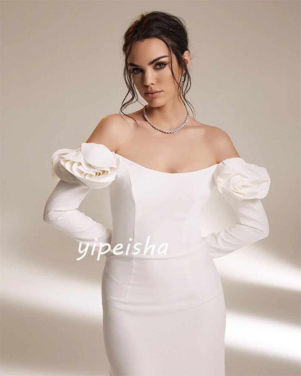 Customized Jersey Flower Ruched Homecoming A-line Off-the-shoulder Bespoke Occasion Gown Long Dresses