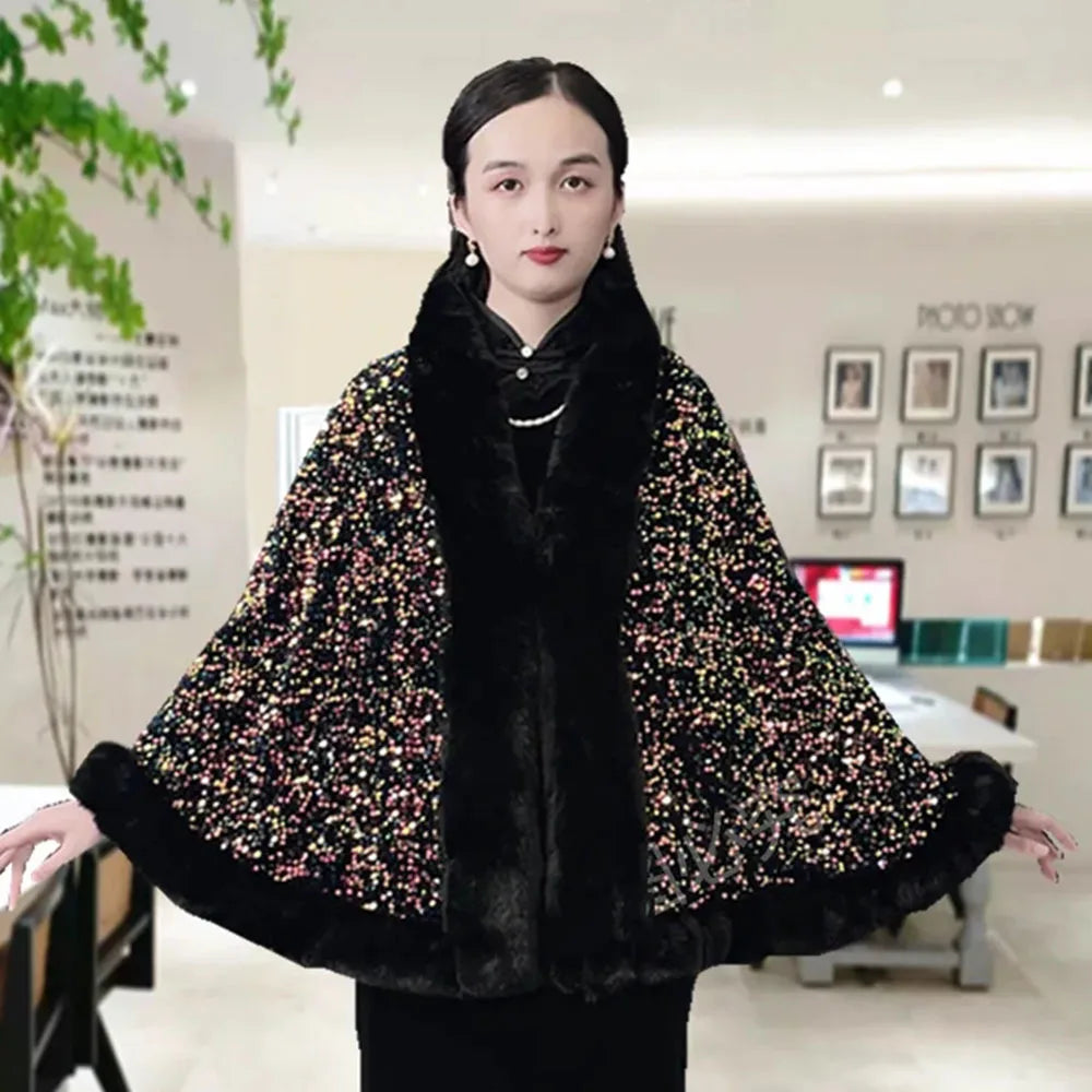 Winter Sequin Knitted Shawl Coat Ladies Fashion Fur Collar Thicken Warm Poncho Cape Women Cardigan Female Sleeveless Cloak Tops